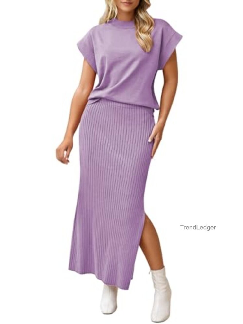 Women's 2 Piece Knit Set With Cap Sleeve Top and Maxi Skirt with Slit